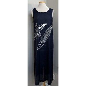 K.d. Spring Ladies MED Summer Vacation Long Navy Dress/Swim Cover, White Fish